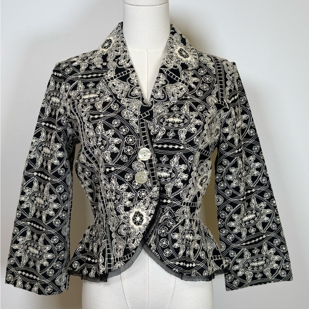 Weston Wear Embroidered Black Tan Jacket Blazer Tulle Detail Womens Size Medium
